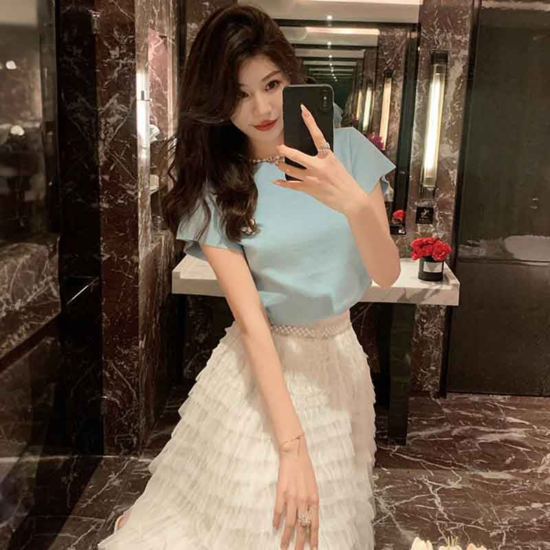 ラウンドネックニット×パールベルト付きチュールティアードスカート(2colors)