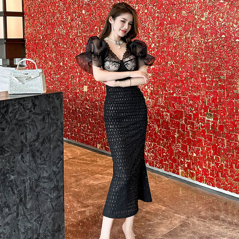 シアーキャンディースリーブレースマーメイドワンピース