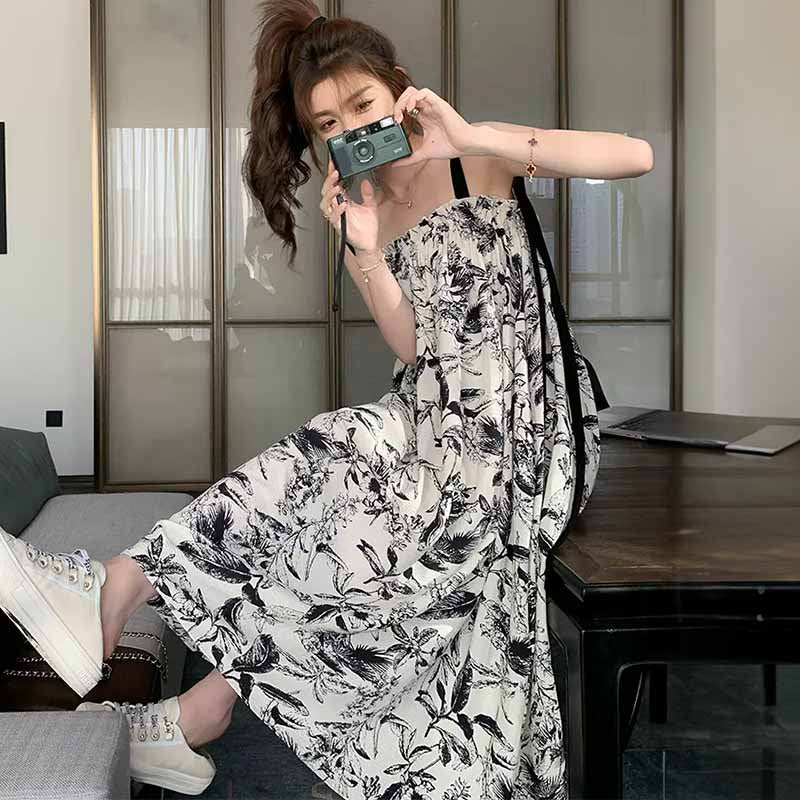 ボタニカル柄リボンショルダーワンピース