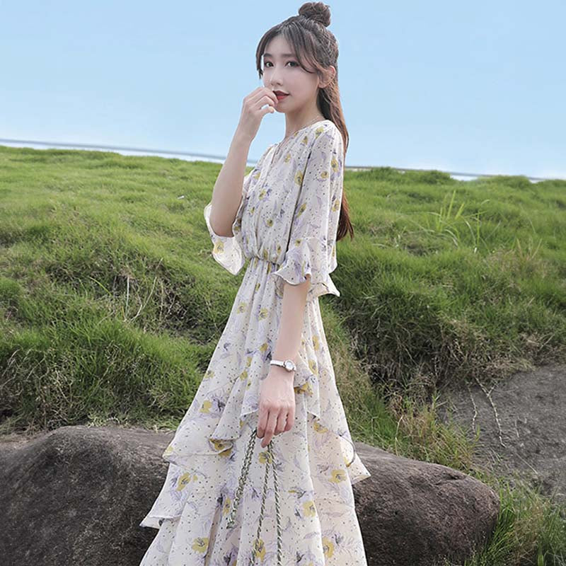 Vネックシフォンフラワーワンピース