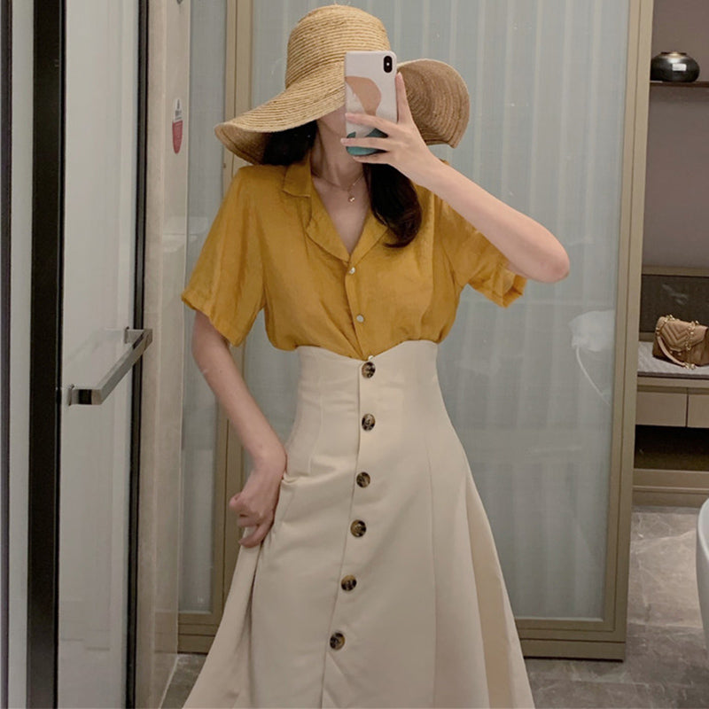 【即納】イエローオープンカラーシャツ×フロントボタンフレアスカート