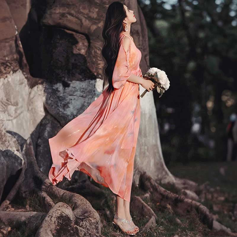 【即納】オープンショルダーシフォンワンピース