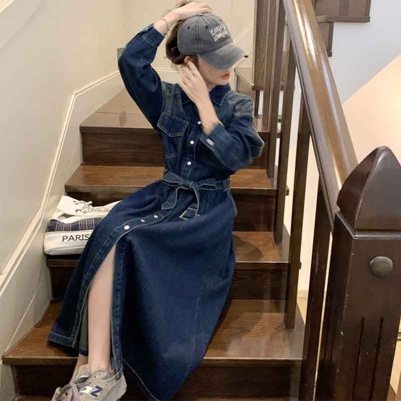 ロング丈デニムシャツワンピース