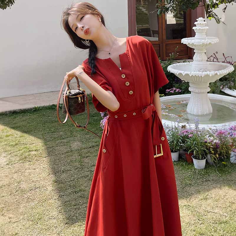 ラウンドネックレトロワンピース