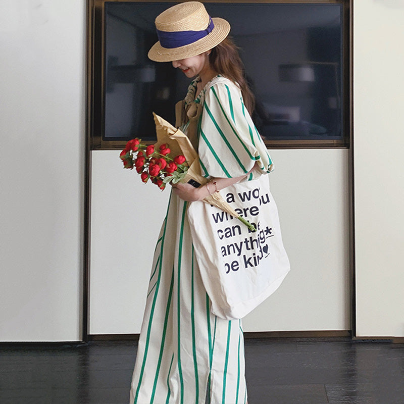 ドローストリングネックバルーンスリーブストライプワンピース