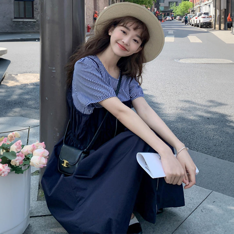 ギンガムチェックブラウスコンビフロントジッパーワンピース