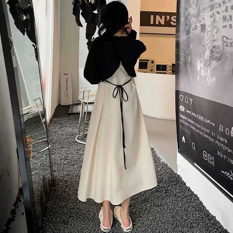 ショート丈ニットトップス×ロング丈シャツコンビ風ワンピース