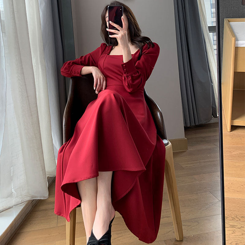 バックオープンスクエアネックレッドロングワンピース