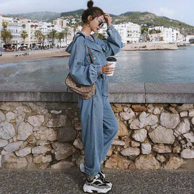 スタンドカラーフード付きデニムオールインワン