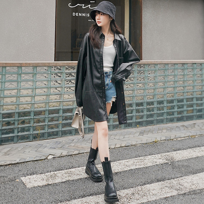 エコレザーオーバーシャツワンピース