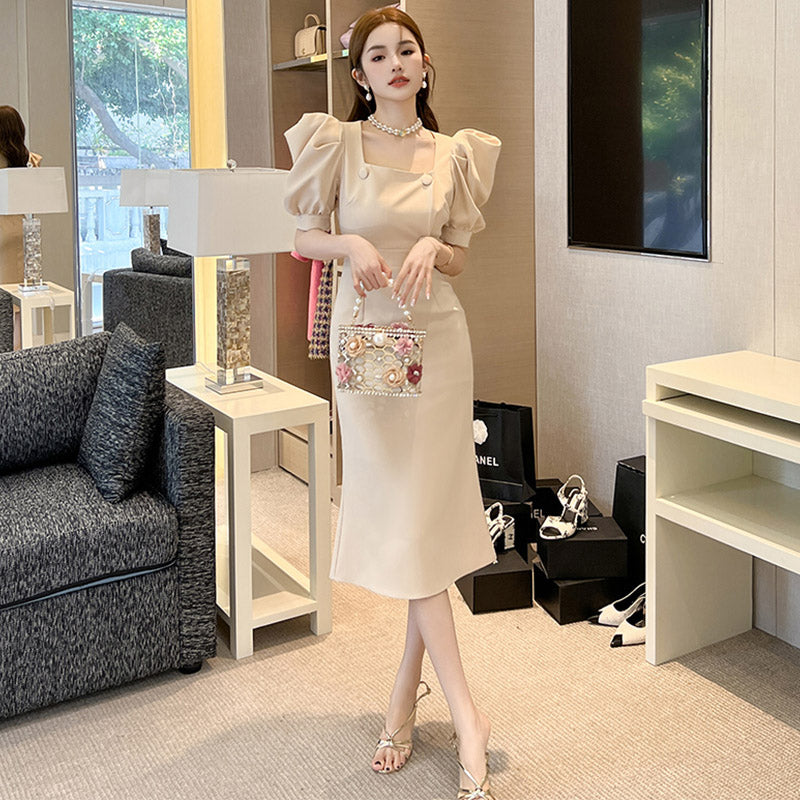 フロントボタンパワーショルダータイトワンピース(2colors)