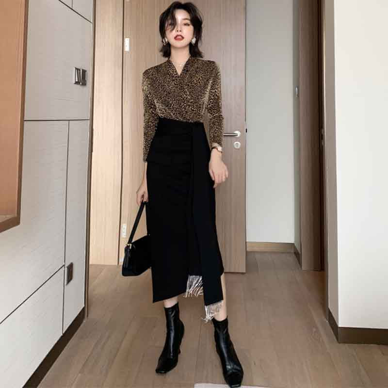 カシュクールレオパードトップ×アシメペンシルスカート