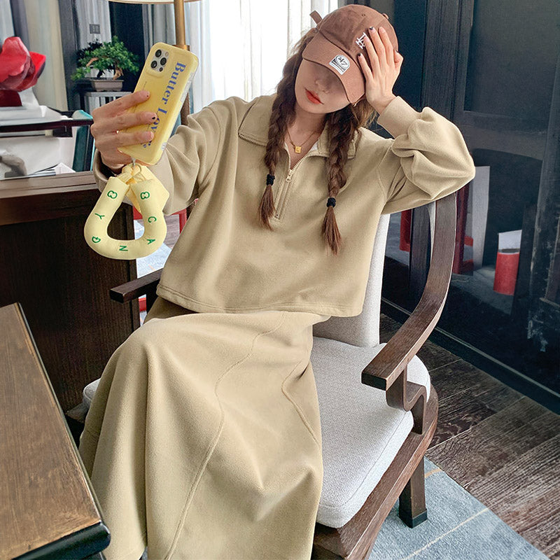 ハーフジップショートトレーナー×マキシフレアスカート