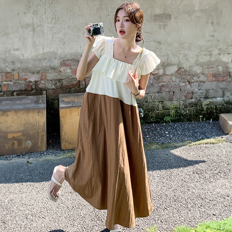 ラッフルスクエアネックバイカラーマキシワンピース