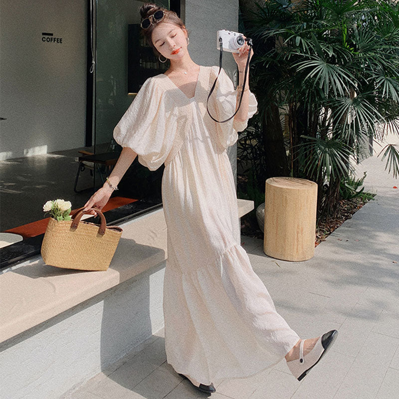 Vネックフレンチパフスリーブロングワンピース