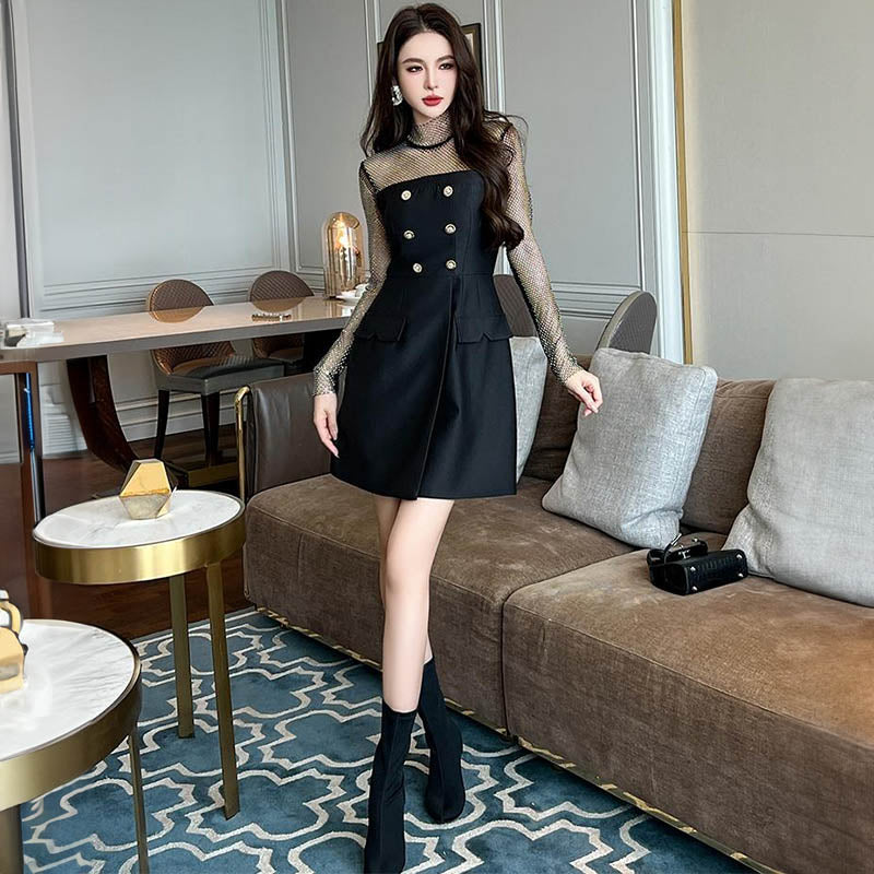 パールメッシュフロントボタンスリットミニワンピース