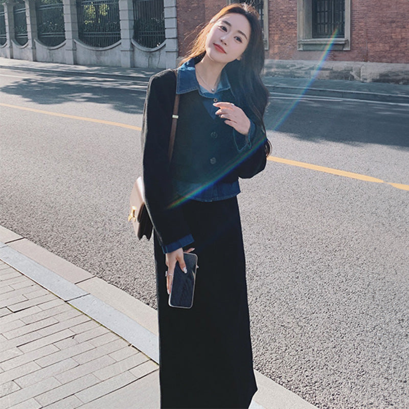 デニムシャツコンビクロップドジャケット×ワイドパンツ or ナロースカート(2colors / 2type)