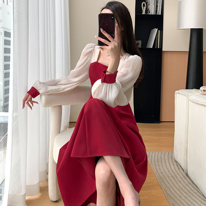 異素材ランタンスリーブバイカラーロングワンピース