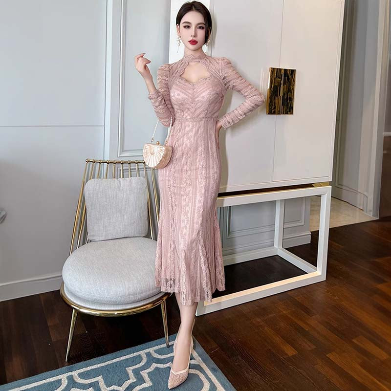 フロントオープンジオメトリックレースマーメイドワンピース