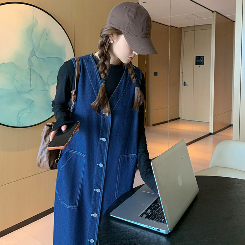 フロントボタンインディゴデニムジャンパースカート(ブラックトップス付き)