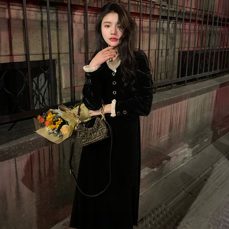 レースコンビフロントボタンベロアロングワンピース