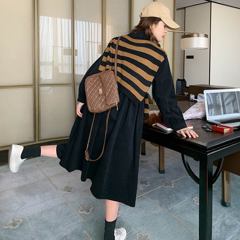 肩掛けカーデ風ブラックシャツワンピース