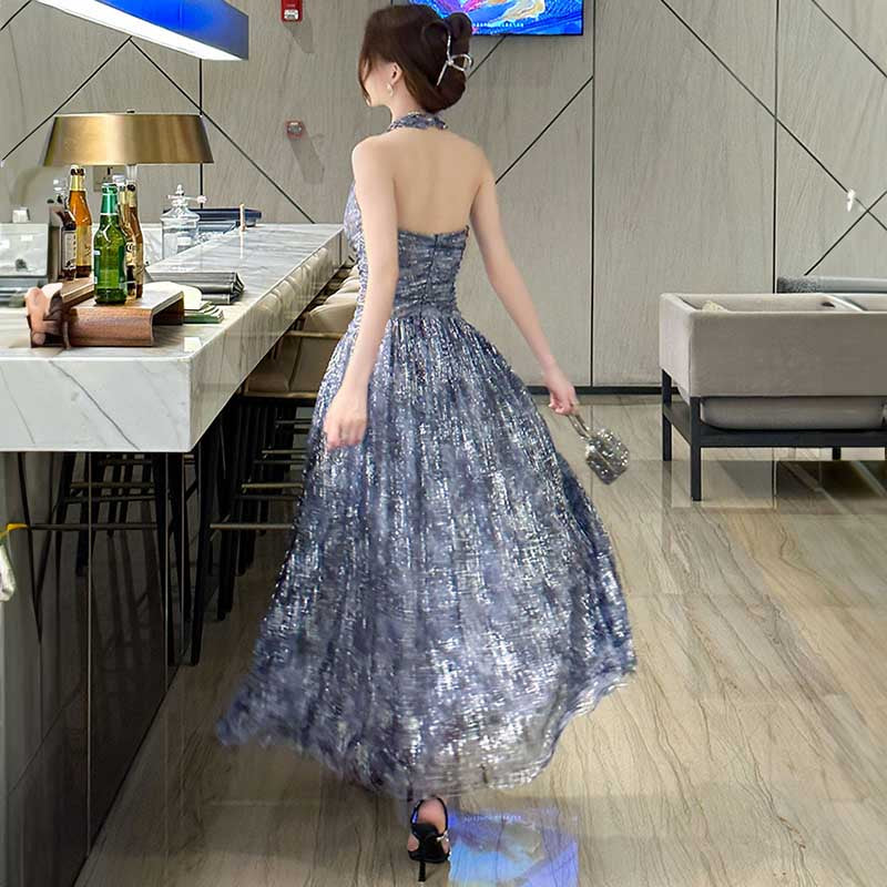 ホルターネックインクプリントロング丈パーティードレス(2colors)