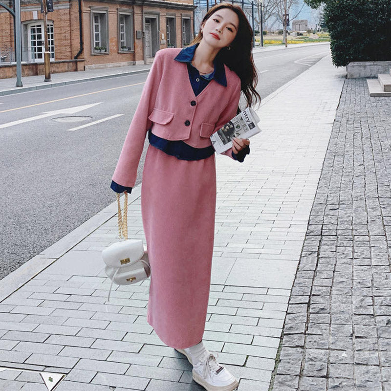 デニムシャツコンビクロップドジャケット×ワイドパンツ or ナロースカート(2colors / 2type)