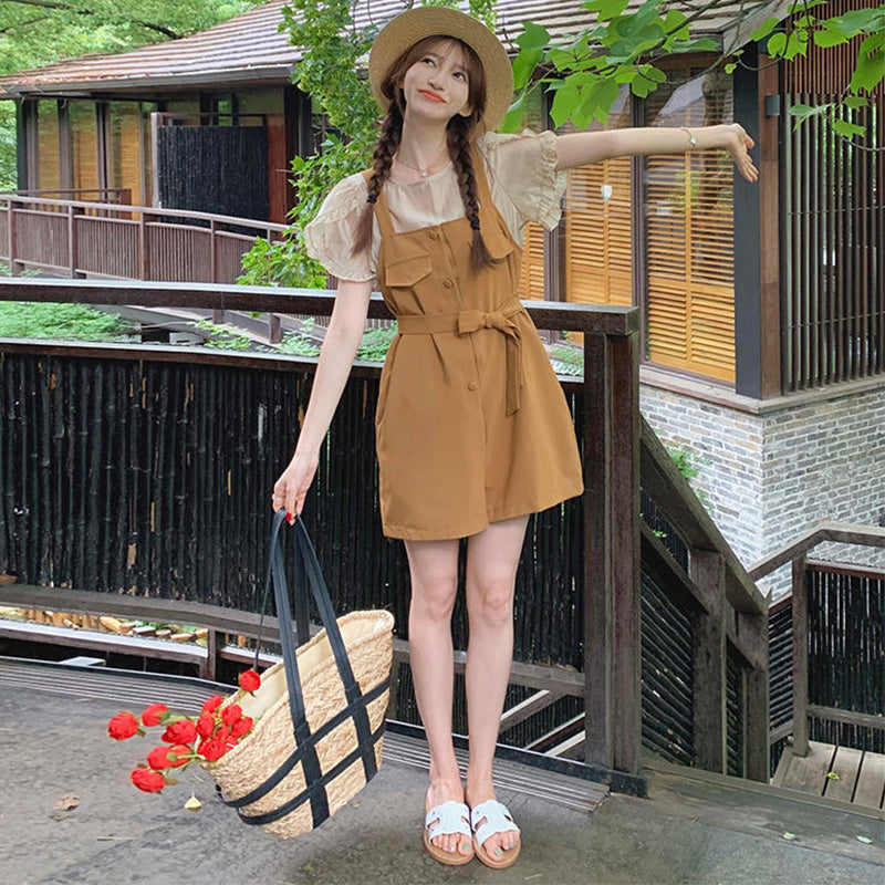 ラップスリーブブラウス×ウエストマークサロペット