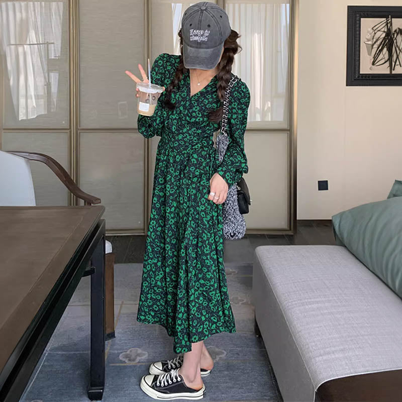 カシュクールボタニカル柄マキシワンピース