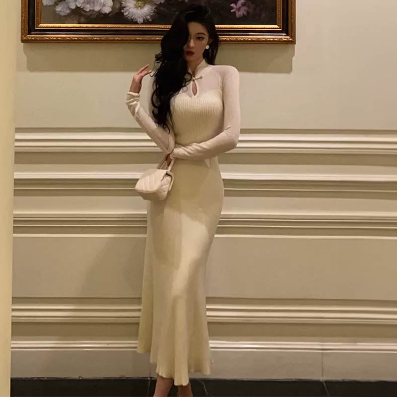 シアーコンビフロントオープンチャイナニットワンピース