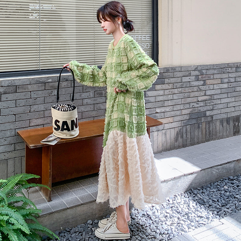 グリーンエンボスチェックワンピース