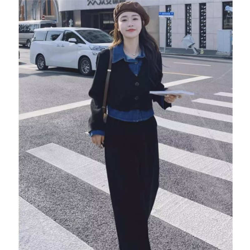 デニムシャツコンビクロップドジャケット×ワイドパンツ or ナロースカート(2colors / 2type)