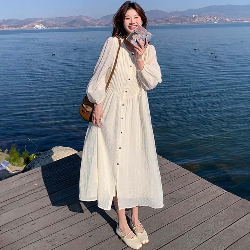 フロントボタンプリーツロングワンピース