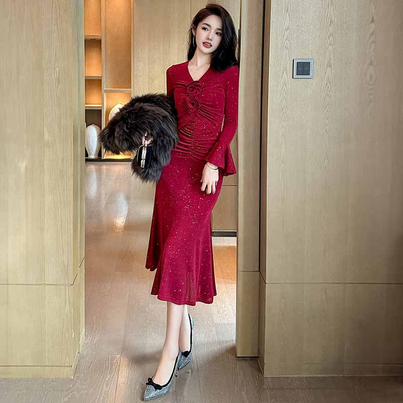 ローズモチーフフロントシャーリングマーメイドワンピース