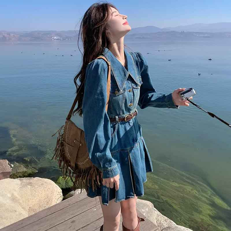 裾プリーツデニムワンピース