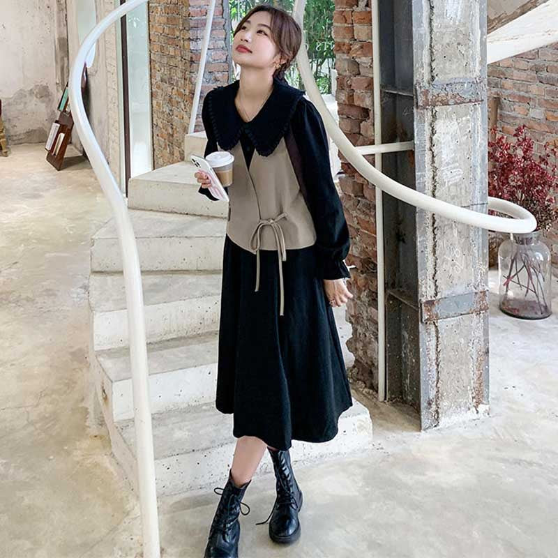 カシュクールベスト×ラウンドカラーワンピース