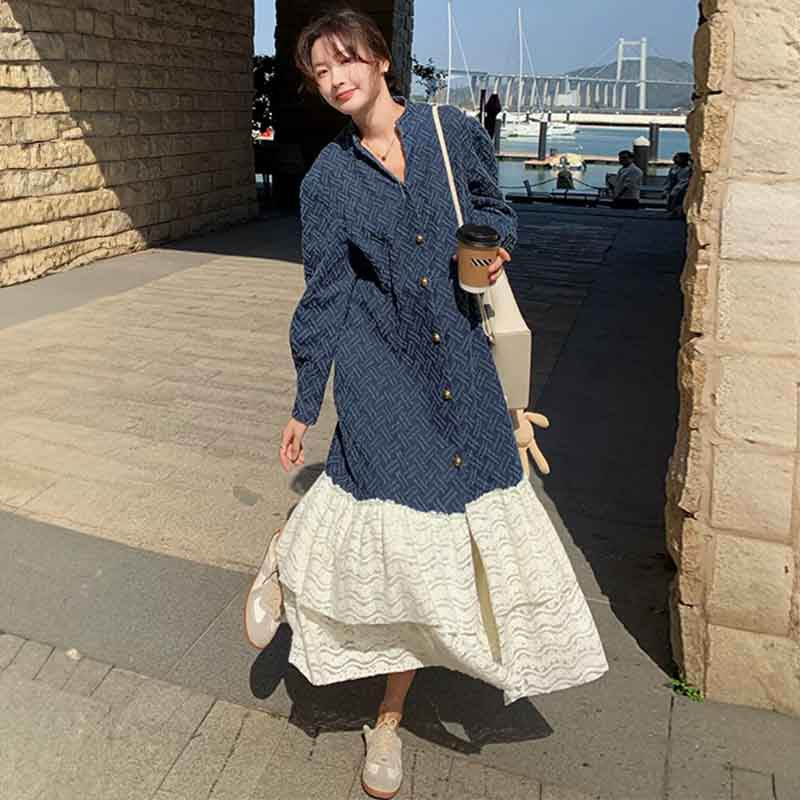 ジャガードデニム×レースティアードロングワンピース