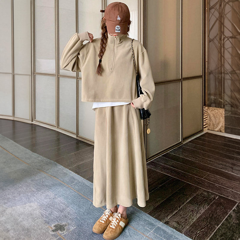 ハーフジップショートトレーナー×マキシフレアスカート