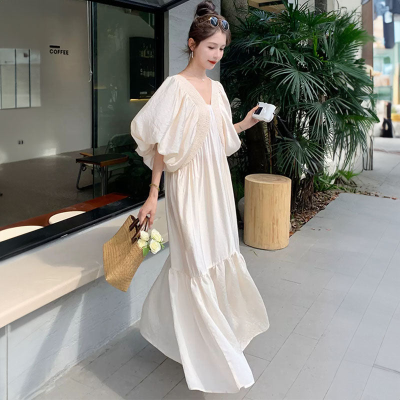 Vネックフレンチパフスリーブロングワンピース 春/夏ふんわり  