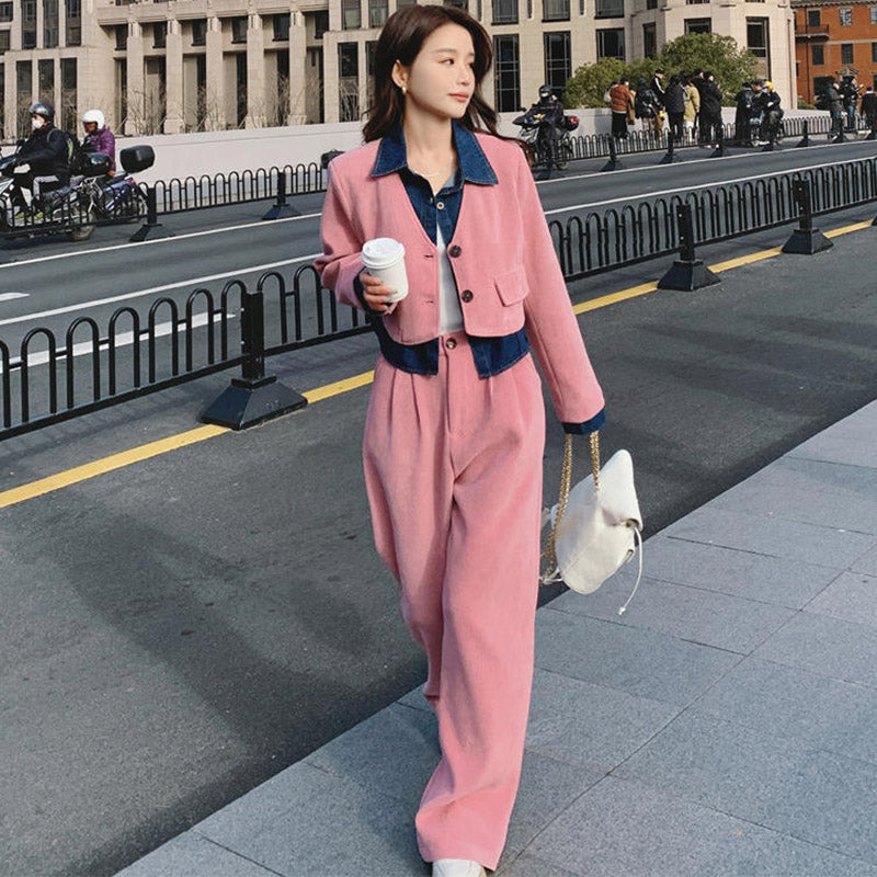 デニムシャツコンビクロップドジャケット×ワイドパンツ or ナロースカート(2colors / 2type)