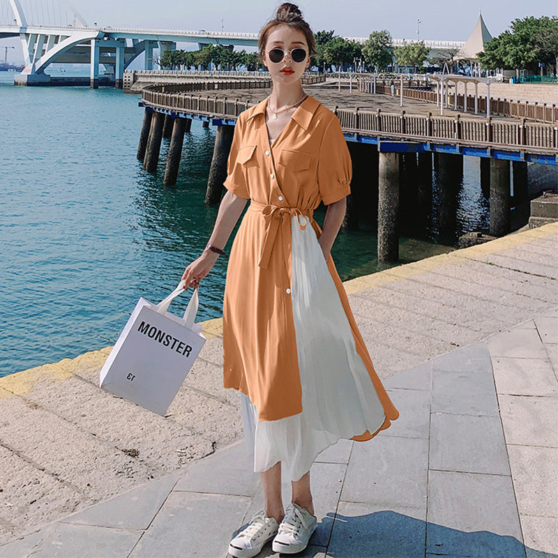 【即納】レイヤード風シャツワンピース(4colors)