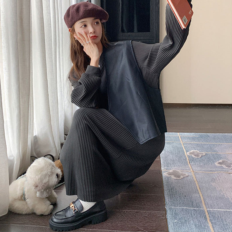 ワイドレザーベスト×リブニットワンピース