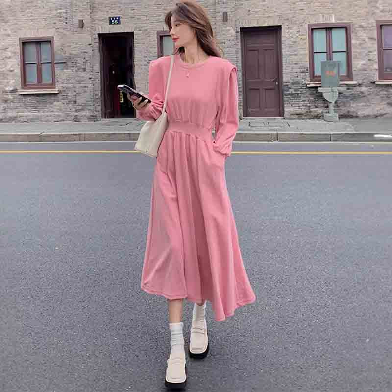 ピンクスウェット長袖Aラインワンピース