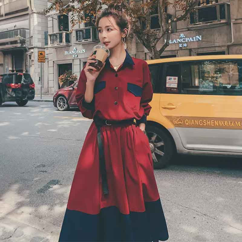 レッド×ネイビーバイカラーAラインワンピース