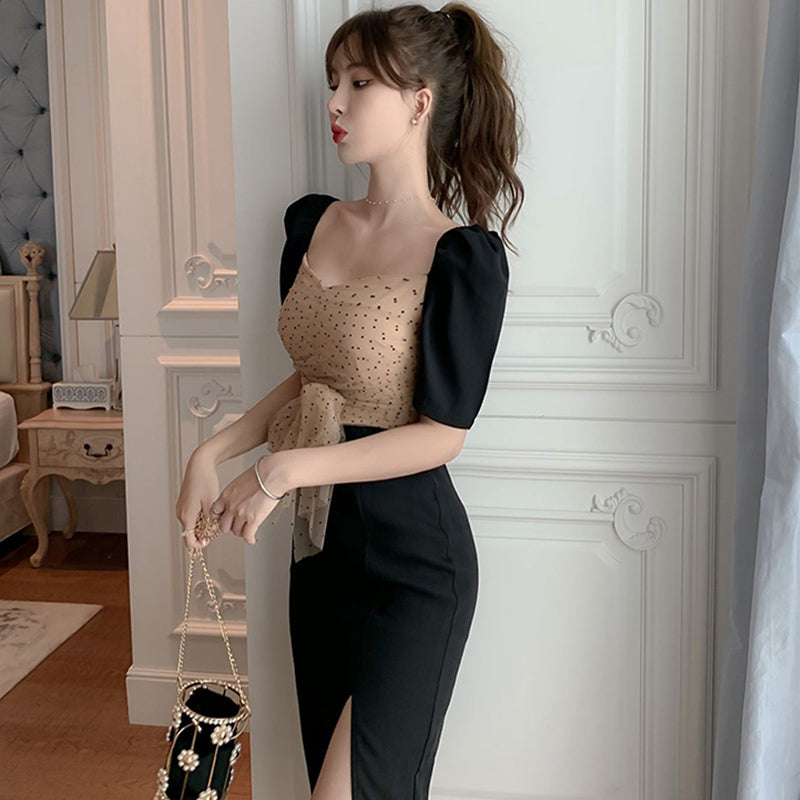 ドットチュールコンビスリットタイトワンピース