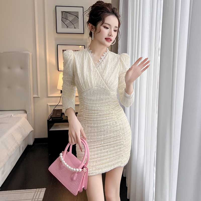 Vネックシャーリングミニワンピース(2colors)