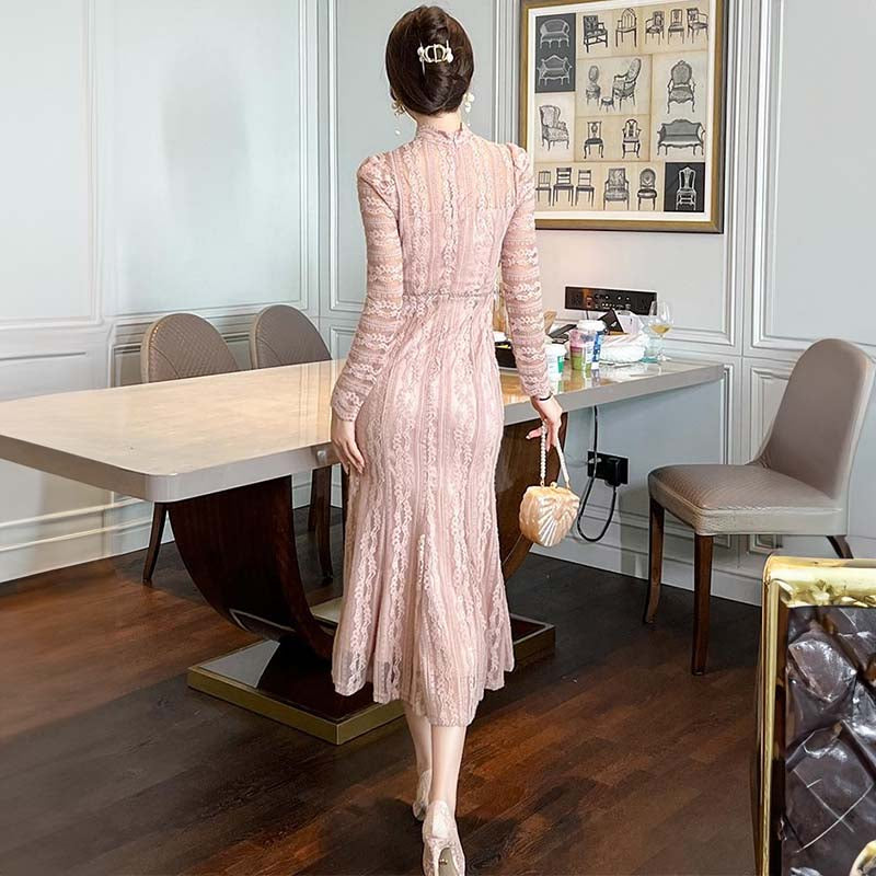 フロントオープンジオメトリックレースマーメイドワンピース