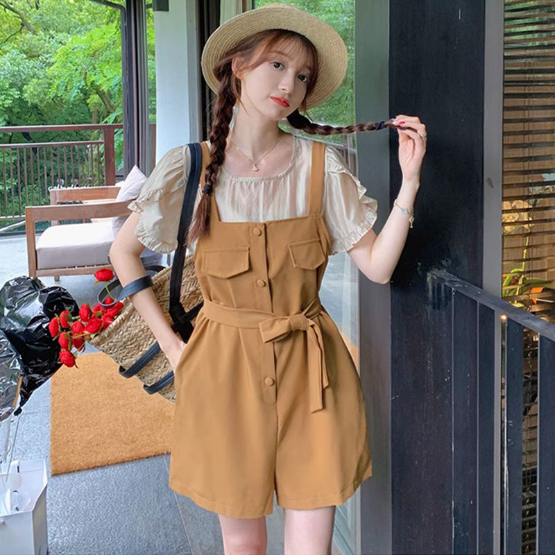 ラップスリーブブラウス×ウエストマークサロペット