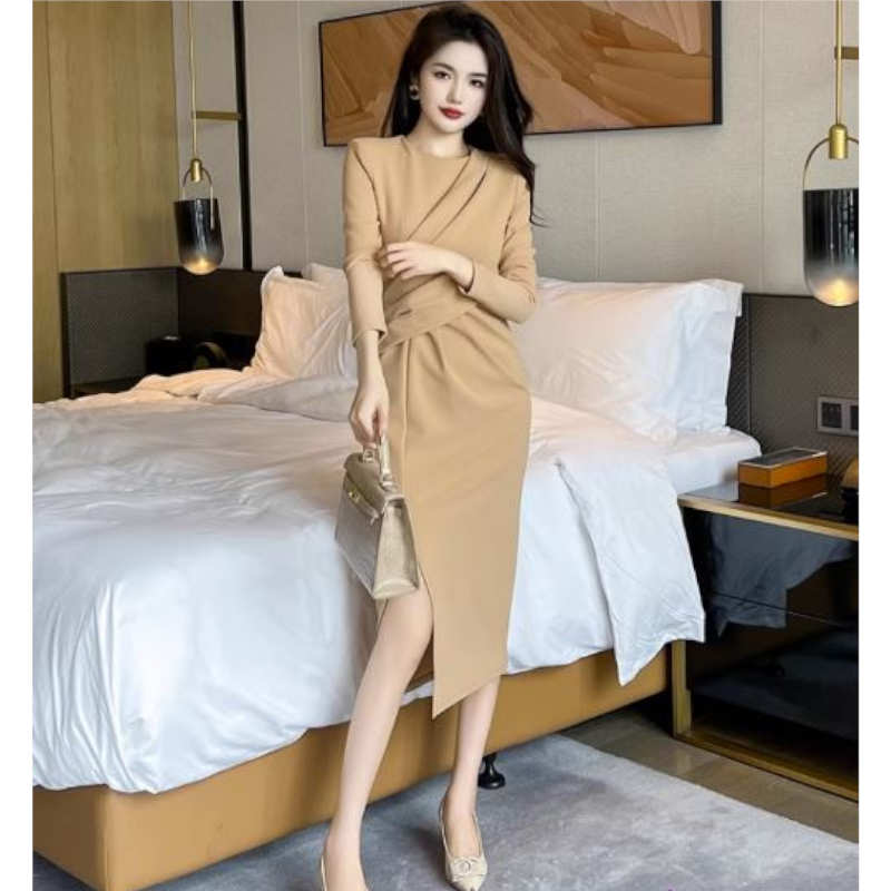 【即納】アシメドレープサイドスリットペンシルワンピース